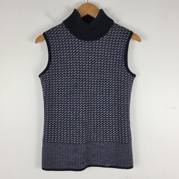 Geiger New Wool Chevron Stripe Sleeveless Turtleneck Sweater Vest